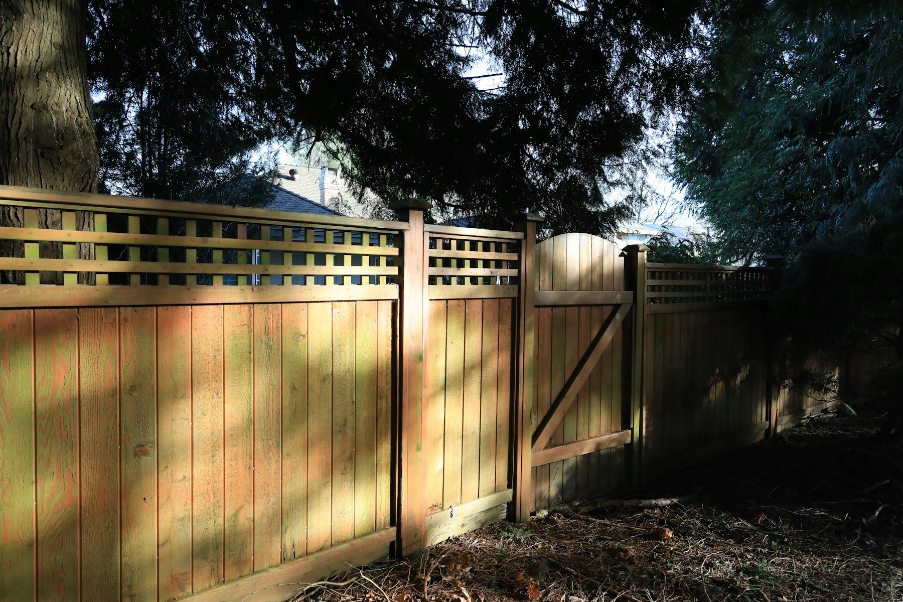 Wooden privacy fence and gate along a residential yard